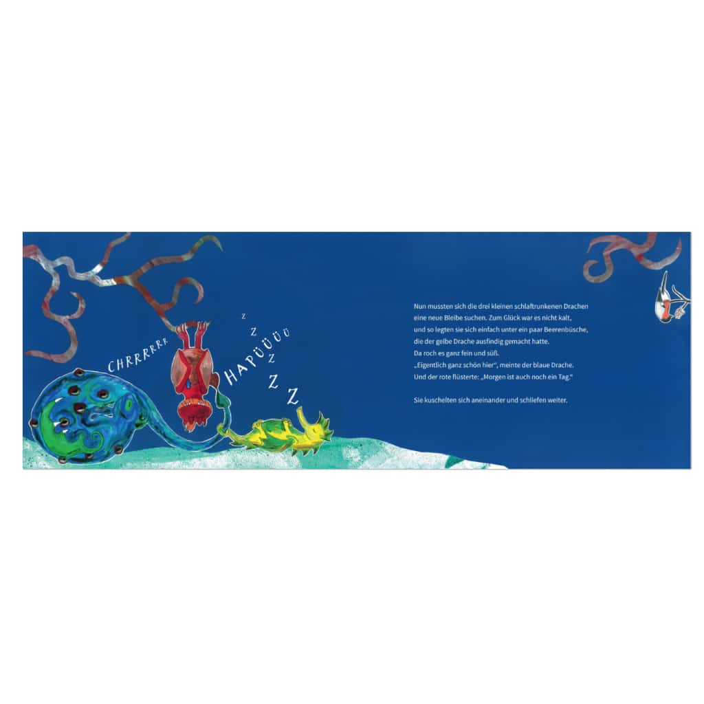 Innenseite " Drei kunterbunte Drachen ": ein blauer, ein roter und ein gelber Drache schlafen unter einem Baum