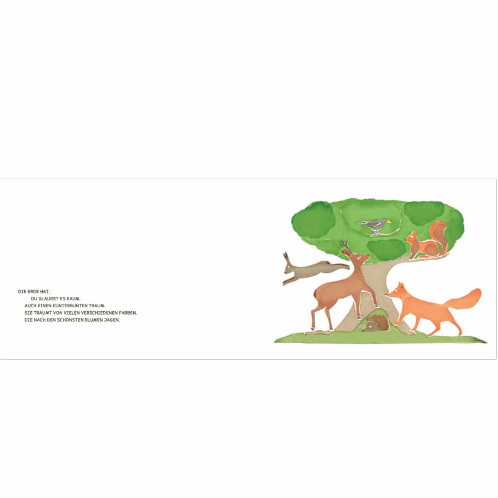 Innenseite " Wunderbare Welt ": ein Baum, auf und an dem verschiedene Tiere leben