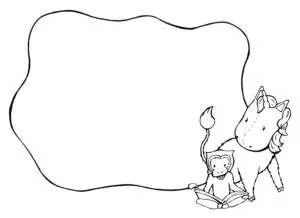 Geraldine Malbild Ausmalbild: Gibbon und Einhorn neben einer Gedankenblase, "Geraldine, ein Einhorn zum Pferdestehlen"