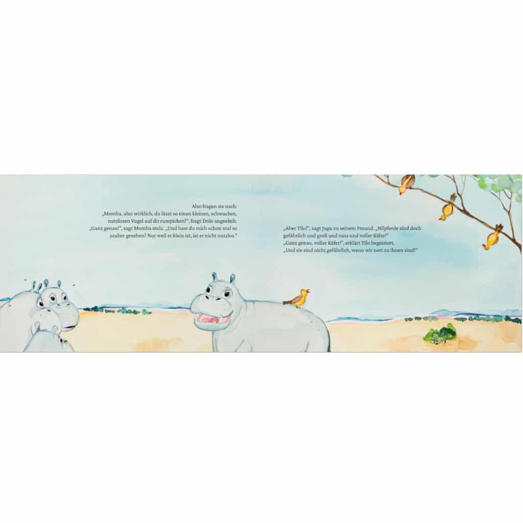 Innenseite " Savannenbande ": Nilpferde und gelbe Vögel sprechen miteinander in einer Wüste