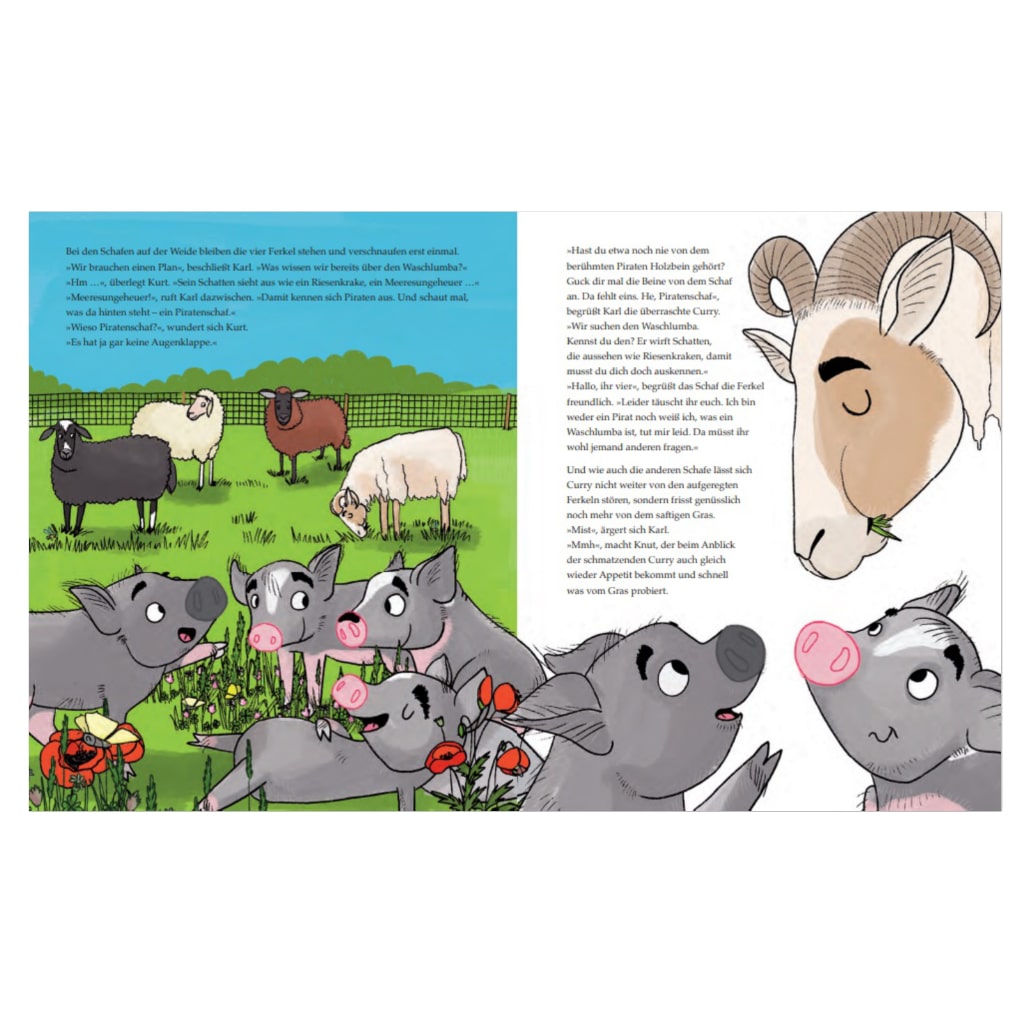 Innenseite " Die Ferkel sind los ": Ferkel und Schafe auf einer Wiese; Ferkel sprechen mit Ziege