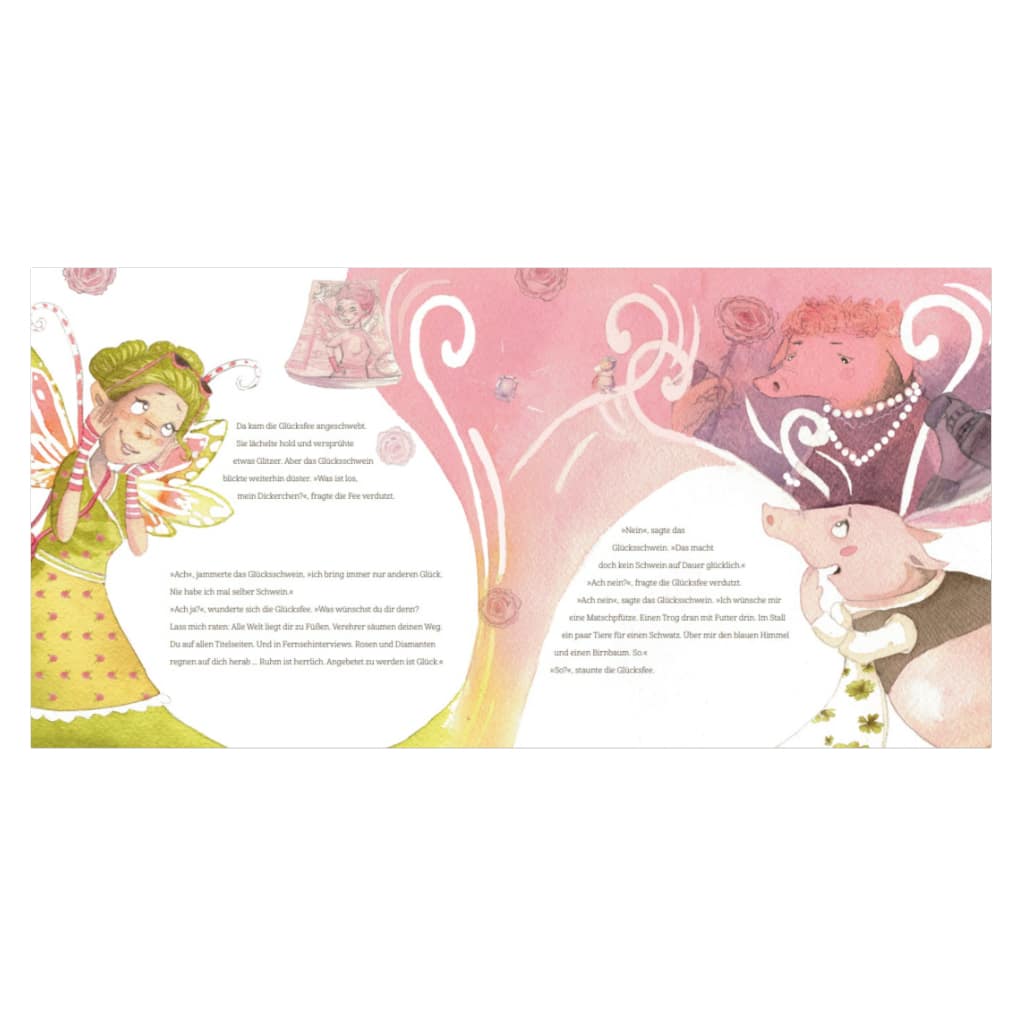 Innenseite " Das Glücksschwein sucht das Glück ": das Glücksschwein überlegt, was es sich von der Glücksfee wünschen soll, um glücklich zu werden