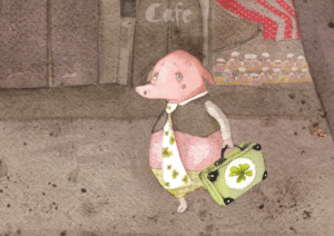 das Glücksschwein läuft traurig an einem Café vorbei