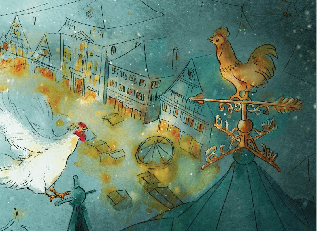 Hahn Nikolaus steht auf einem Dach und spricht mit einem Wetterhahn