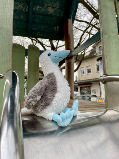 Bo Blaufuß auf einer Metallrutsche