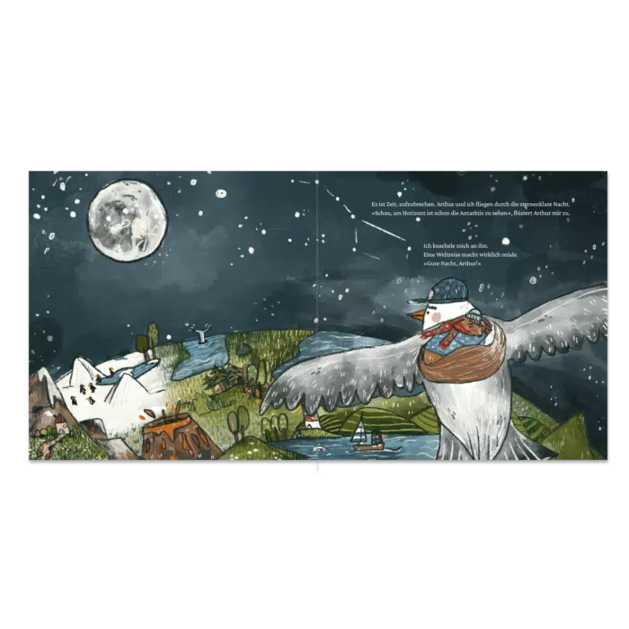 Innenseite "Kleine große Reise": Vogel Arthur fliegt nachts mit Eichhörnchen Mara um die Welt