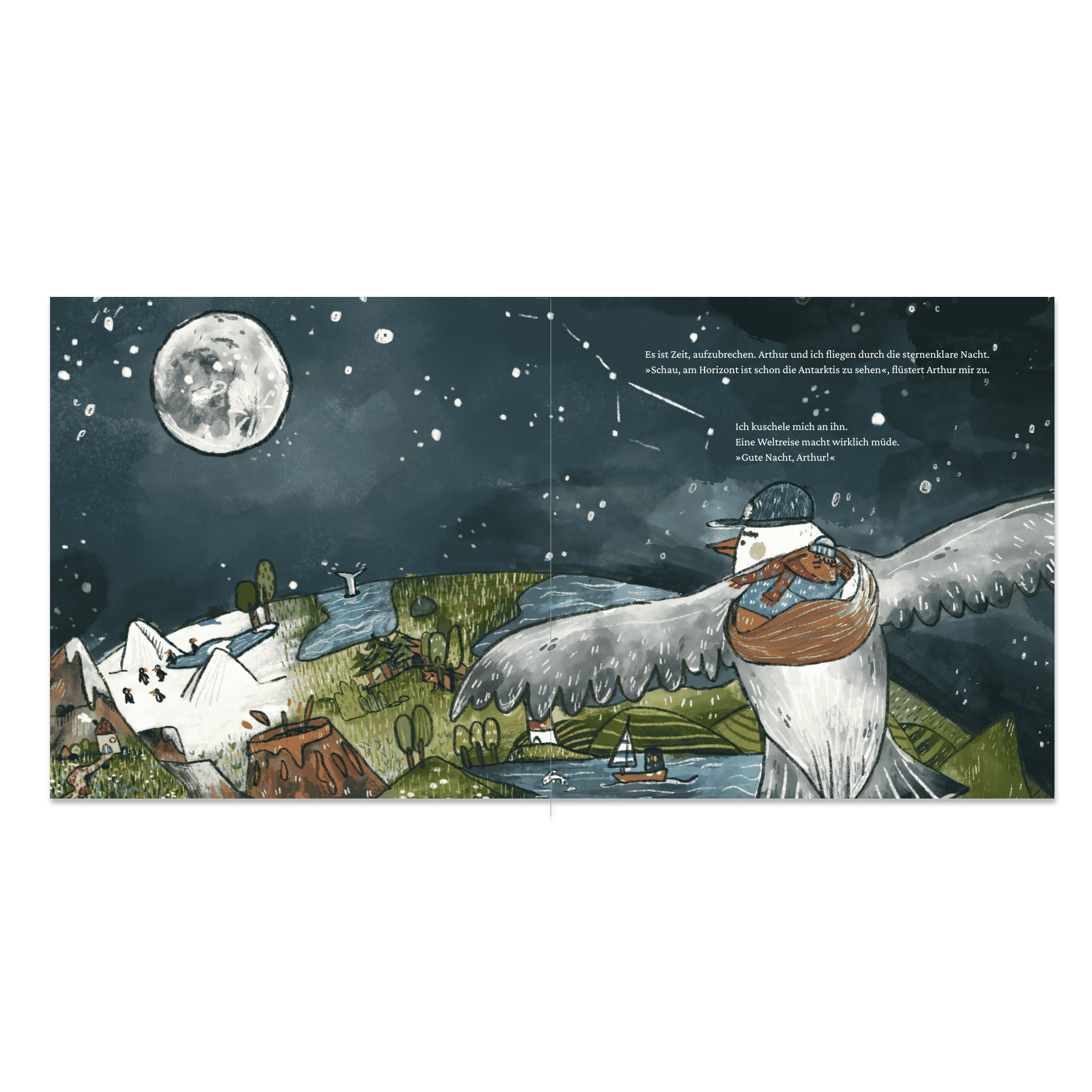 Innenseite "Kleine große Reise": Vogel Arthur fliegt nachts mit Eichhörnchen Mara um die Welt