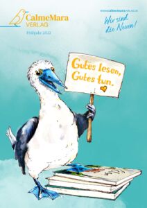 Vorschaukatalog Frühjahr 2022, Bo Blaufuß steht mit einem Fuß auf einem Stapel Bücher und hält ein Schild mit der Aufschrift &quot;Gutes lesen, Gutes tun&quot;
