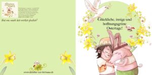 Osterkarte: Glücksschwein umarmt Kind, Text &quot; Glückliche, innige und hoffnungsgrüne Ostertage &quot;