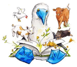 Bo Blaufuß hat ein Buch auf dem Schoß und eine Kuh, eine Ziege, ein Huhn und ein Schwein gucken mit auf das Buch