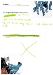 Fragebogen: Ich mag das Knotenklaus-Buch, weil: Ich finde es gut, dass er einen Knoten hat und diesen mag und er sich dann auflöst; Am Knotenklaus-Buch gefällt mir nicht so gut, dass: durchgestrichen