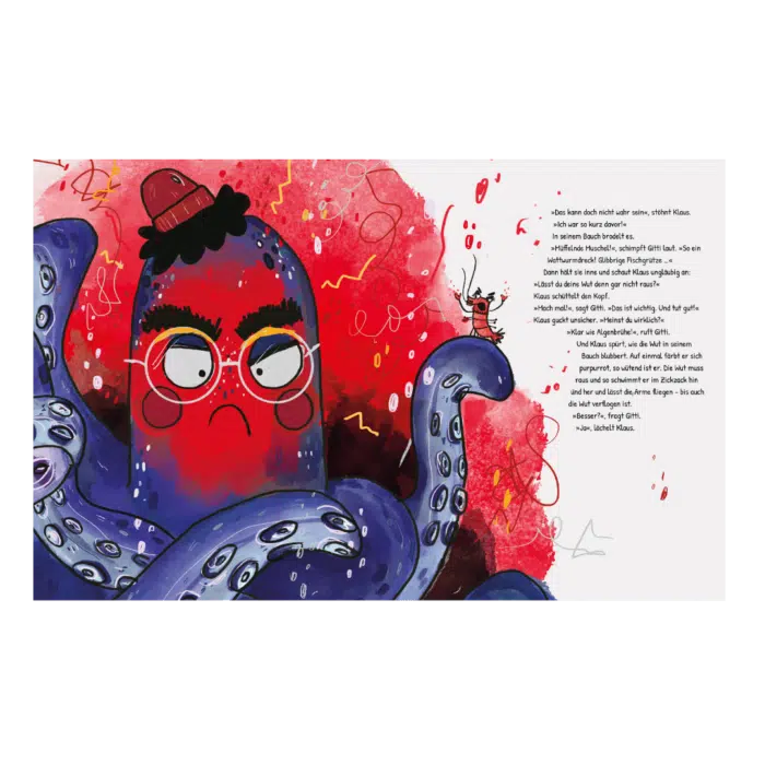 Innenseite " Lass es es raus, Knotenklaus ": Oktopus Klaus und Gitti Garnele regen sich darüber auf, dass Klaus den Knoten in seinem Tentakel nicht lösen kann