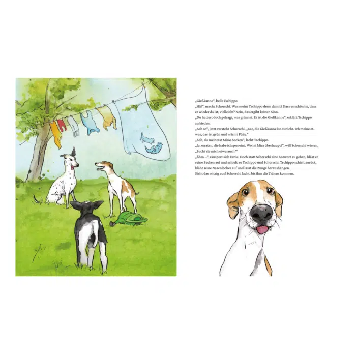 Innenseite " Schorschi und das bunte Familiending ": zwei Hunde und ein Schaf unter einer Wäscheleine, ein Hund macht eine Grimasse