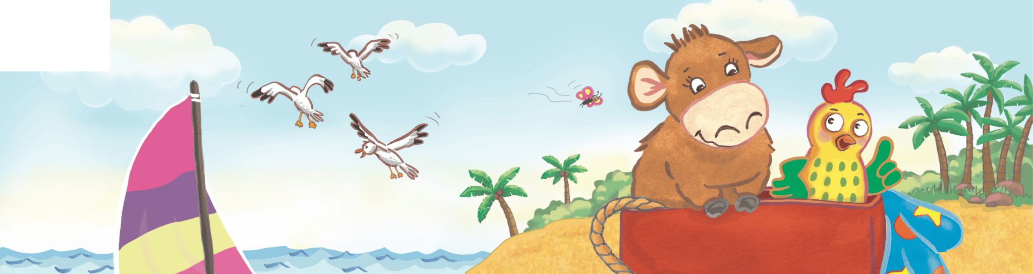 Banner mit einer Illustration aus dem Bilderbuch "Elsa und Huhn auf großer Fahrt". Man sieht Elsa die Kuh und Huhn in einem Boot von einer Insel wegfahren.