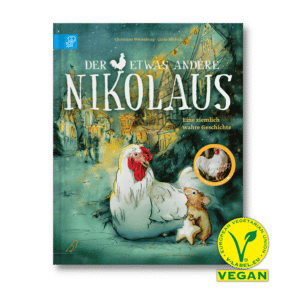 Buch-Cover: ein Huhn und eine Maus, die einen sternförmigen Keks isst, vor einer beschneiten, beleuchteten Stadt, "Der etwas andere Nikolaus"