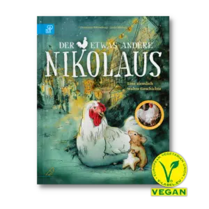Buch-Cover: ein Huhn und eine Maus, die einen sternförmigen Keks isst, vor einer beschneiten, beleuchteten Stadt, "Der etwas andere Nikolaus"