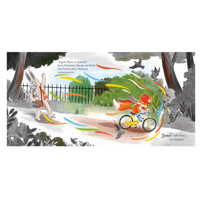Innenseite " Finni Fantastisch ": Bild: Fuchs Finni fährt auf Fahrrad an Hasenpostbotin vorbei; Text: „Super-Finni ist zurück!”, lacht Postbotin Penny, als Finni mit flatterndem Umhang vorbeirauscht.
