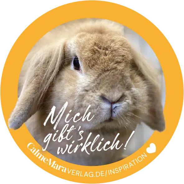Sticker mit einem Foto von dem Kaninchen Lotte und der Aufschrift: Mich gibt es wirklich!