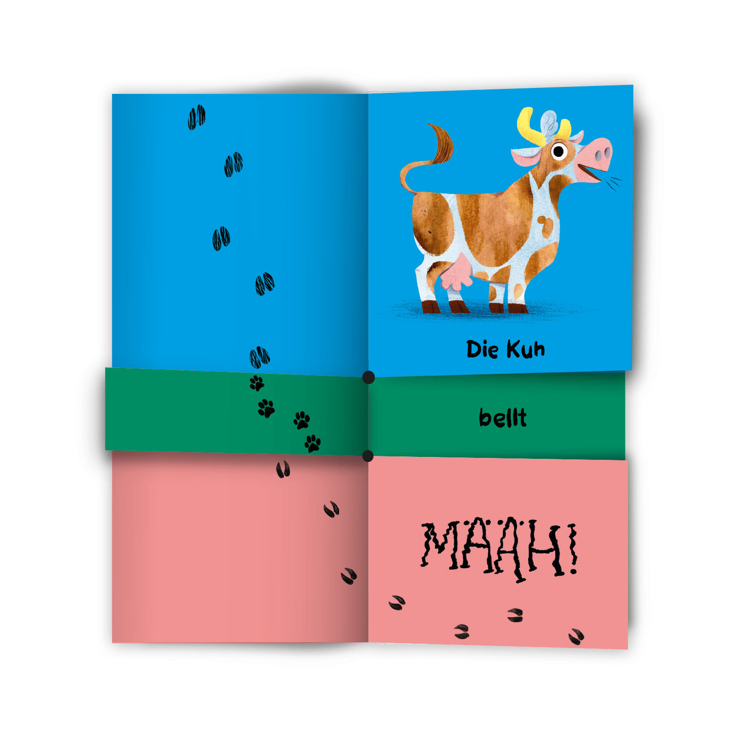 Innenseite " Der Frosch bellt MÄÄH! ": eine Kuh und Fußspuren von unterschiedlichen Tieren;