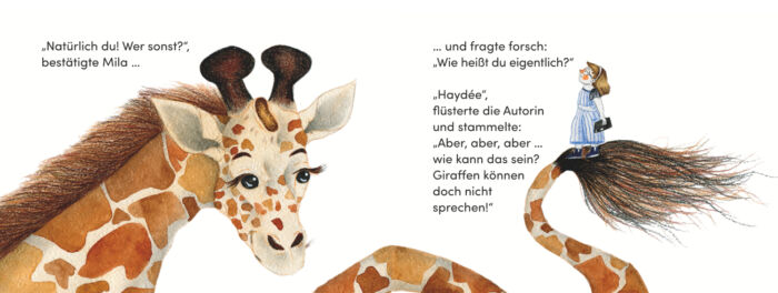 Doppelseite aus einem Bilderbuch. Auf dem Bild sind eine Giraffe und ein Mädchen zu sehen. Sie unterhalten sich. Das Mädchen sitzt auf dem Schwanz der Giraffe. Die Giraffe ist nur in Ausschnitten zu sehen. Sie passt nicht ins Buch.