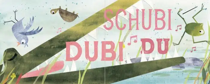Innenseite " Schubert findet seine Stimme ": Bild: Krokodil Schubert singt und Tiere fliegen durch die Gegend