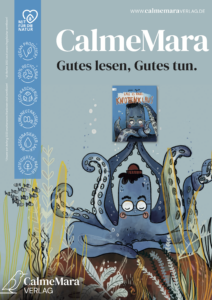 Poster: Knotenklaus hält sein Buch, Text " CalmeMara - Gutes lesen, Gutes tun "