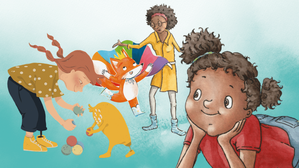 Verschiedene Charaktere aus den Büchern (Mia und ihre Mama, Finni, Lou und ein Monster) interagieren miteinander