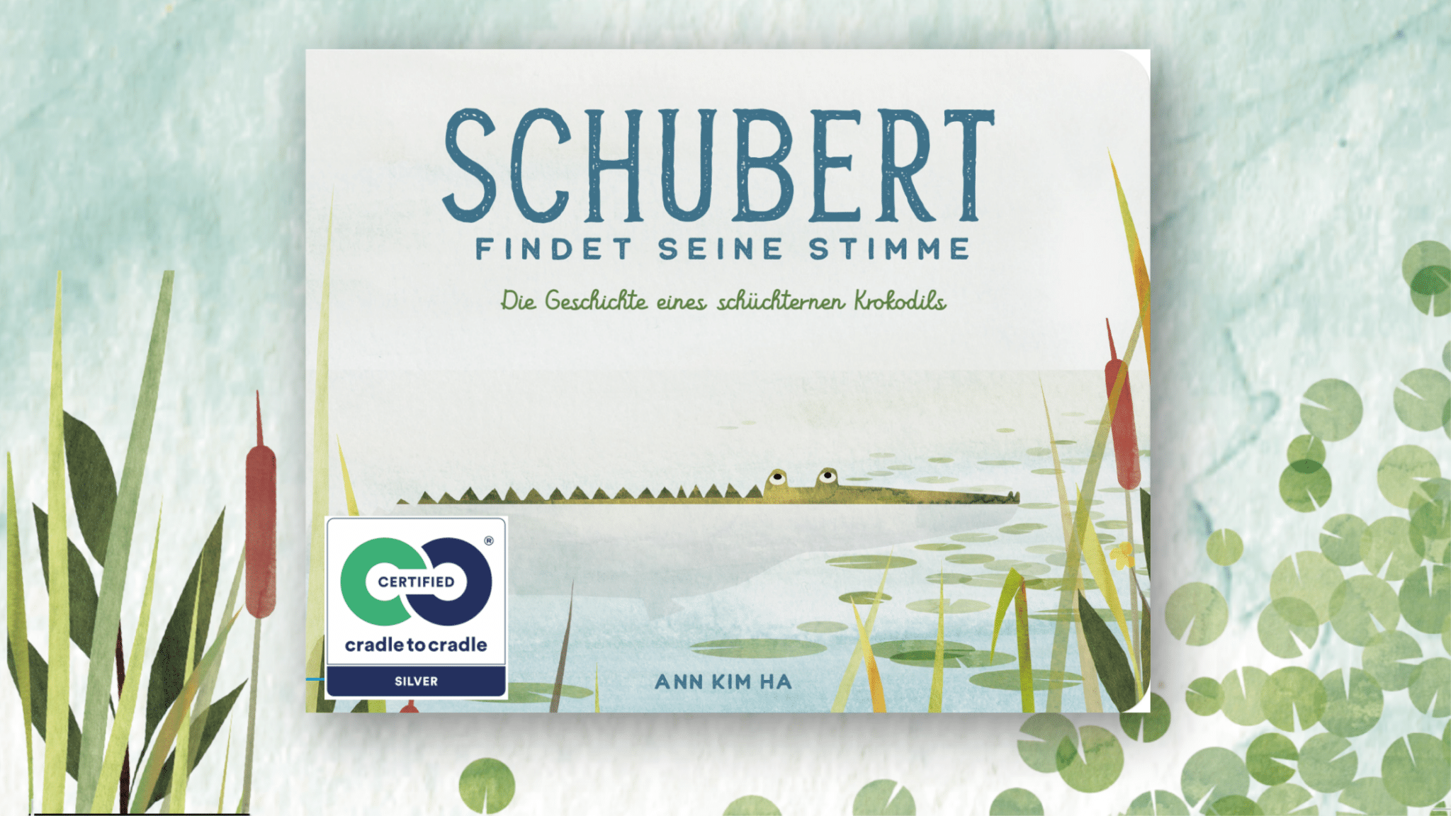 Buch-Cover: ein schüchternes Krokodil versteckt sich im Wasser, "Schubert findet seine Stimme"