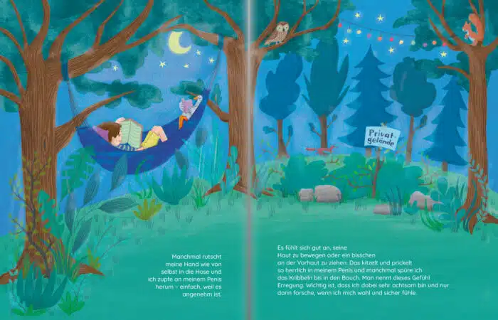 Seite aus dem Bilderbuch "Luca lernt sich kennen". Luca liegt in einer Hängematte die zwischen zwei Bäumen aufgespannt ist und liest. Auf einem Schild daneben steht "Privatgelände"