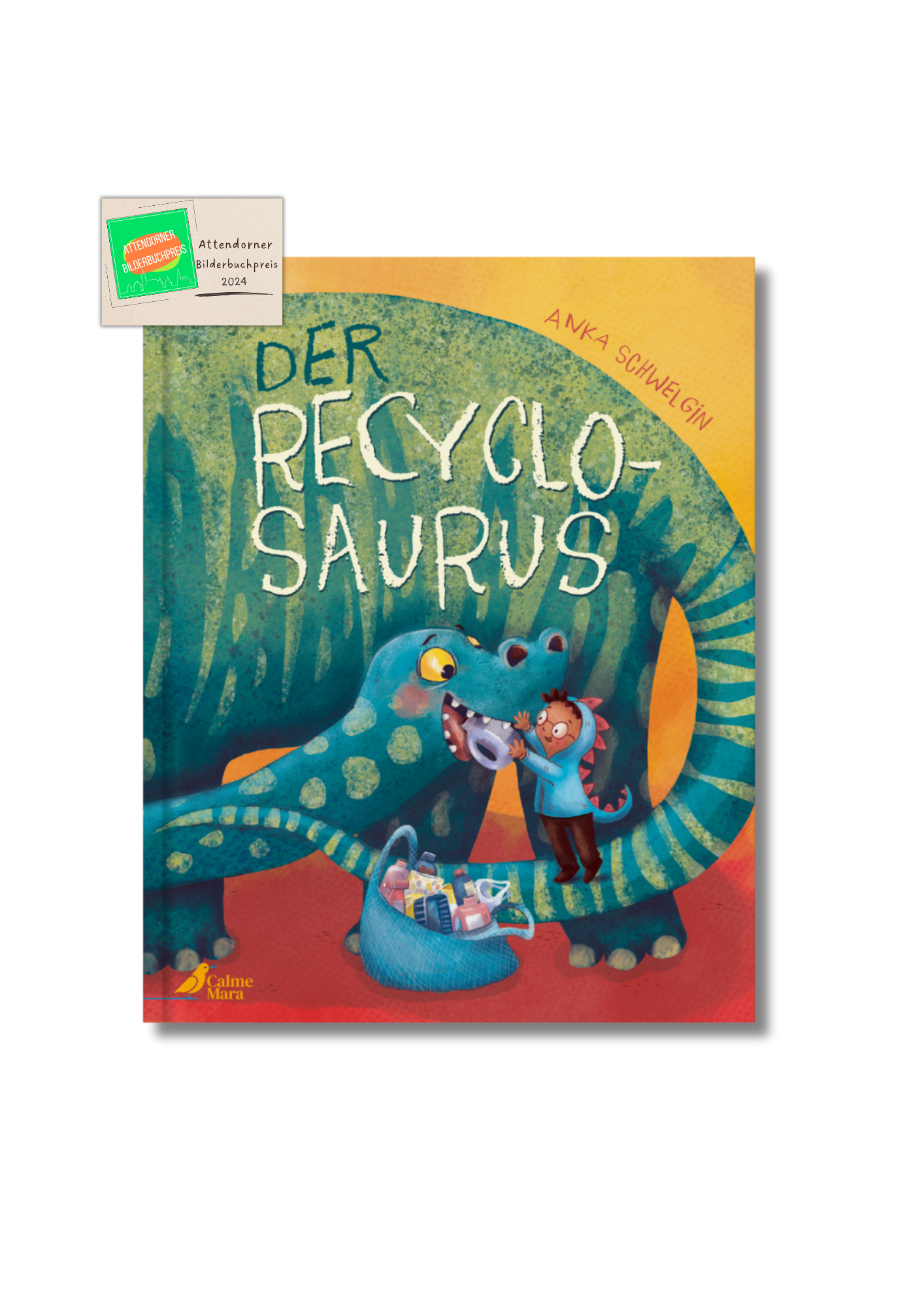 Cover des Bilderbuchs "Der Recyclosaurus" auf dem ein kleines Kind im Dinokostüm einen großen Dino mit Plastik füttert.