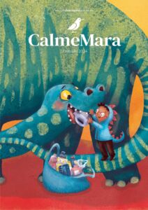 Cover der Vorschau von CalmeMara für das Frühjahr 2024. Abgebildet ist das Cover des Bilderbuchs "Der Recyclosaurus" auf dem ein kleines Kind im Dinokostüm einen großen Dino mit Plastik füttert.