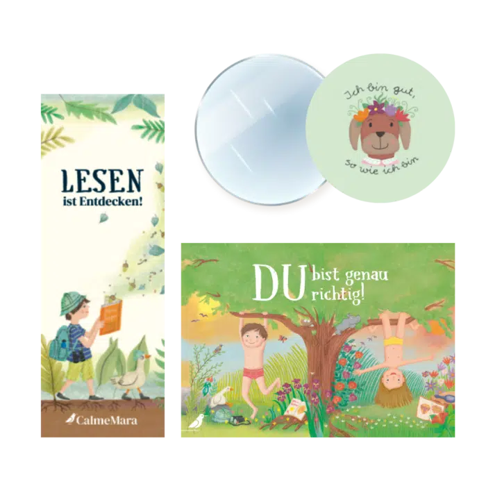 Abbildung Lesezeichen "Lesen ist Entdecken", Postkarte "Du bist genau richtig", kleiner runder Handspiegel mit Illustration