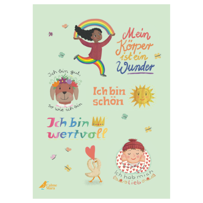 Affirmationen: "Mein Körper ist ein Wunder", "Ich bin gut, so wie ich bin", "Ich bin schön", "Ich bin wertvoll", "Ich hab mich lieb" mit Illustrationen