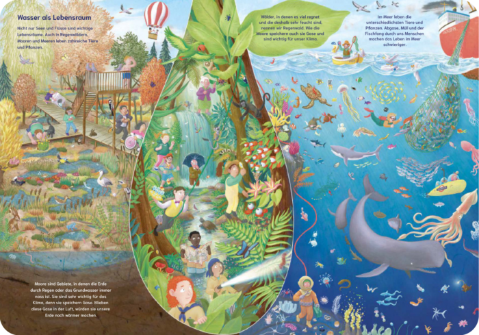 Innenseite aus "Mein großes Wasser-Wimmelbuch", auf der der Lebensraum Wasser bunt und wimmelig in Mooren, Wäldern und Meeren abgebildet ist.