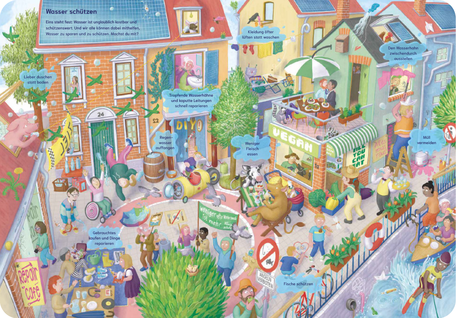 Innenseite aus "Mein großes Wasser-Wimmelbuch", auf der bunt und wimmelig erklärt wird, wie wir Wasser schützen können.