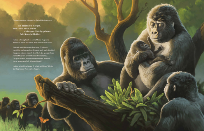 Innenseite aus dem Buch "Mukiza", auf der eine Gorillafamilie abgebildet ist.