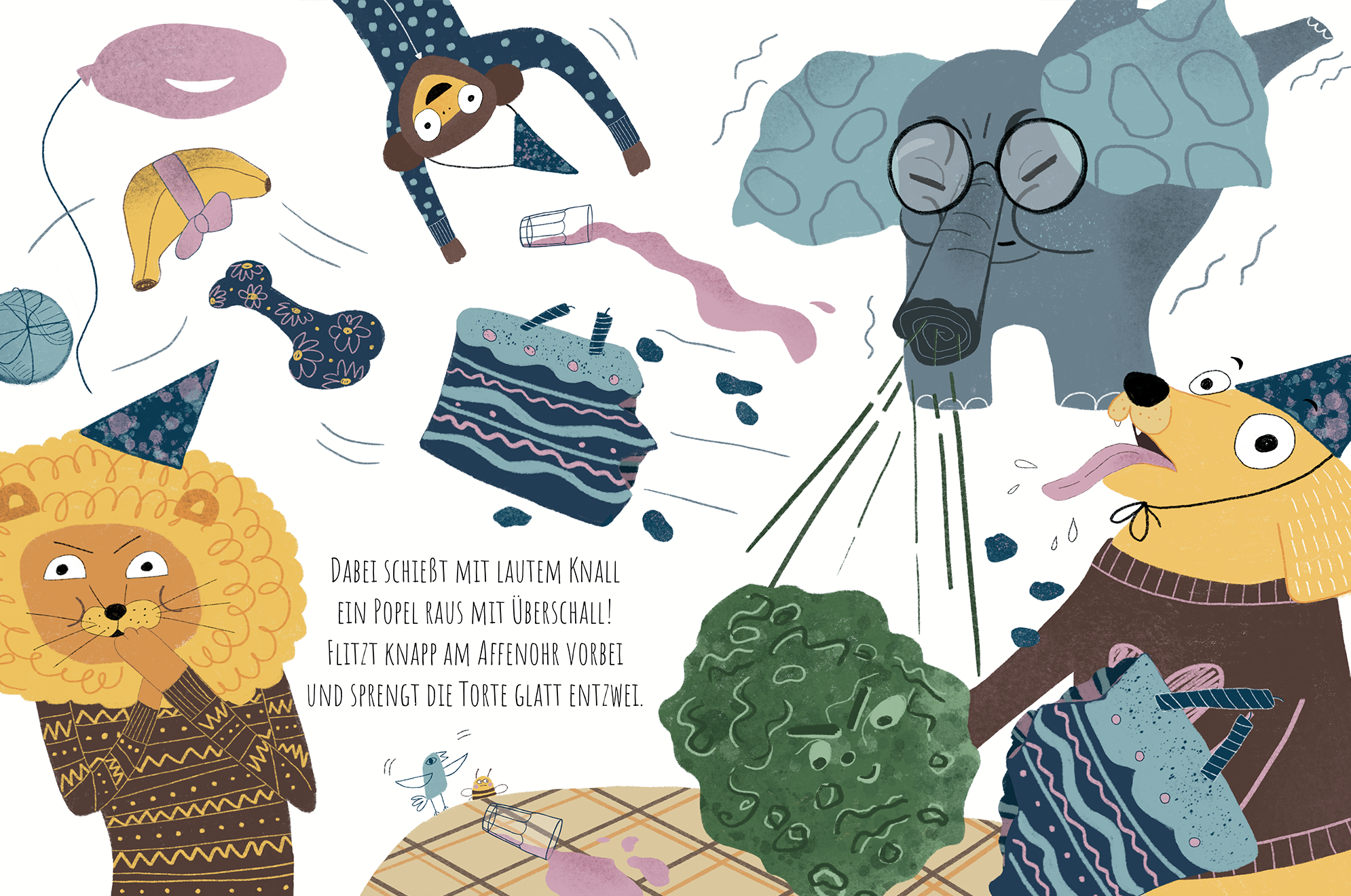 Innenseite aus dem Buch "Tierisch peinlich", auf der ein Elefant einen Popel ausniest und damit eine Torte zerteilt.