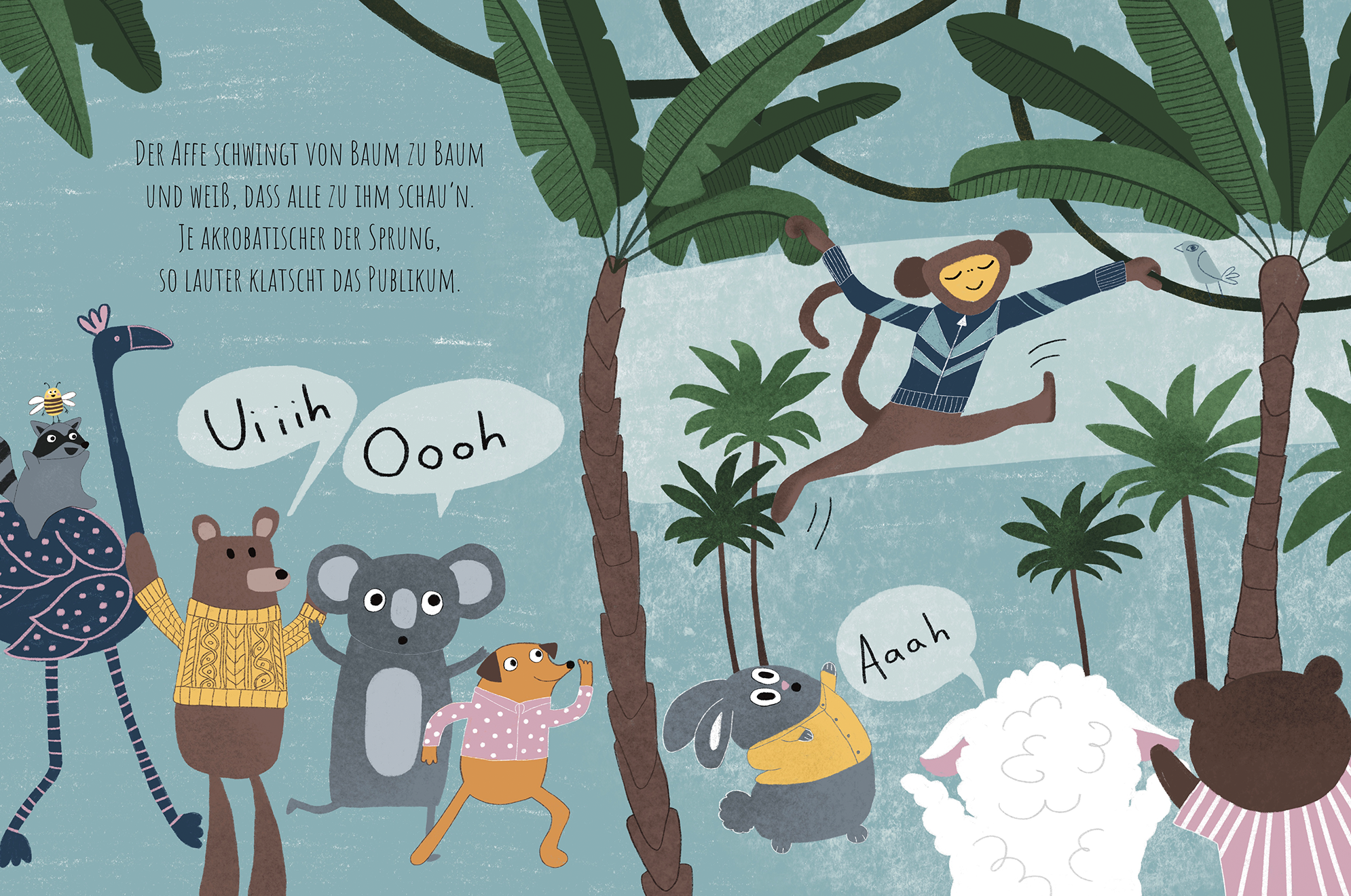 Innenseite aud dem Buch "Tierisch peinlich", auf der ein Affe von Baum zu Baum schwingt und von anderen Tieren bewundert wird.