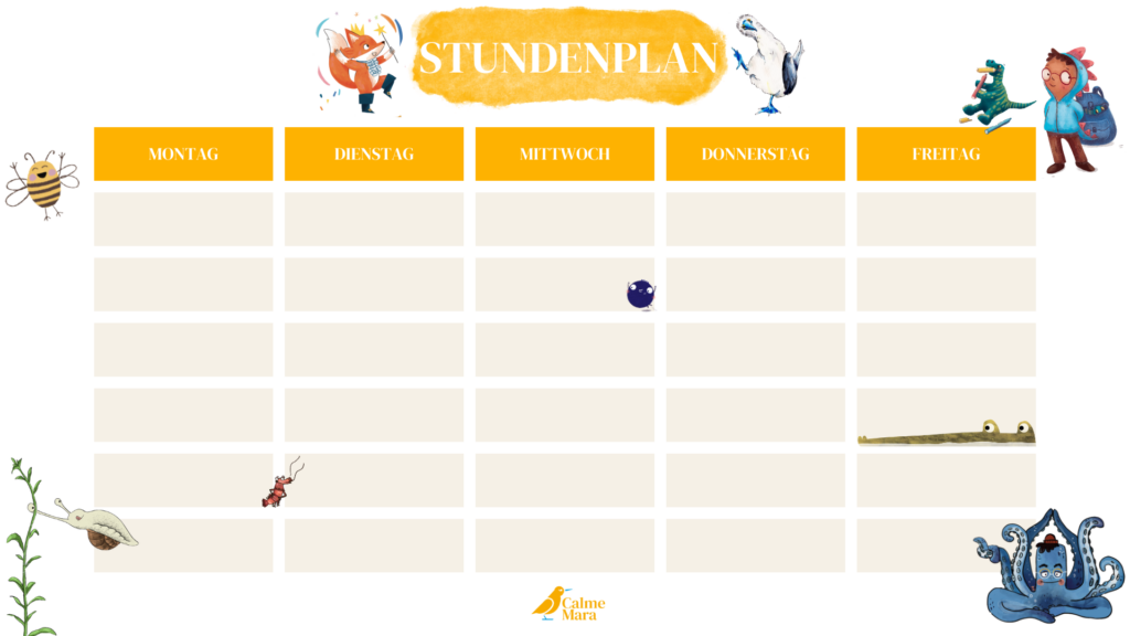 Stundenplan zum ausdrucken, mit ClameMara Figuren darauf