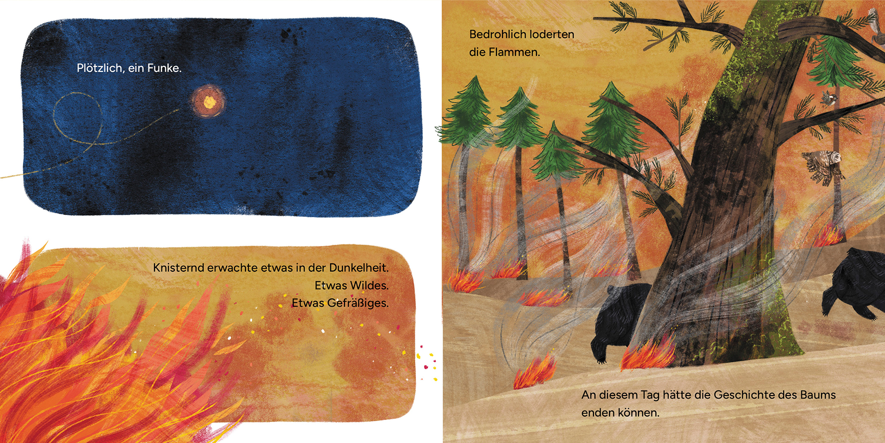 Innenseite aus dem Buch "Dieser Baum lebt!": der Wald fängt Feuer.