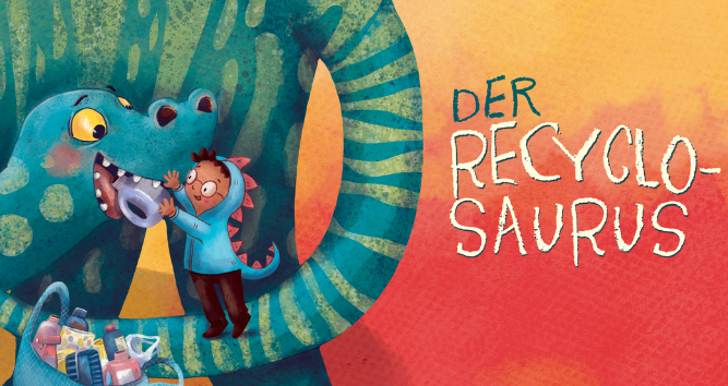 Banner vom Buch "Der Recyclosaurus" Hauptcharakter Matti füttert seinen Dino mit Plastik