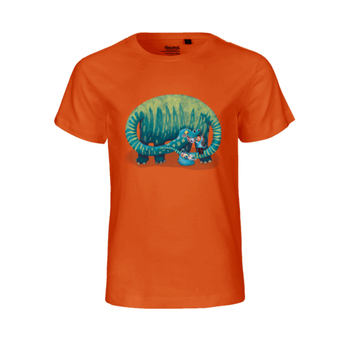 Orangefarbenes T-Shirt mit Dino-Abbildung auf der Brust (Vorderansicht)