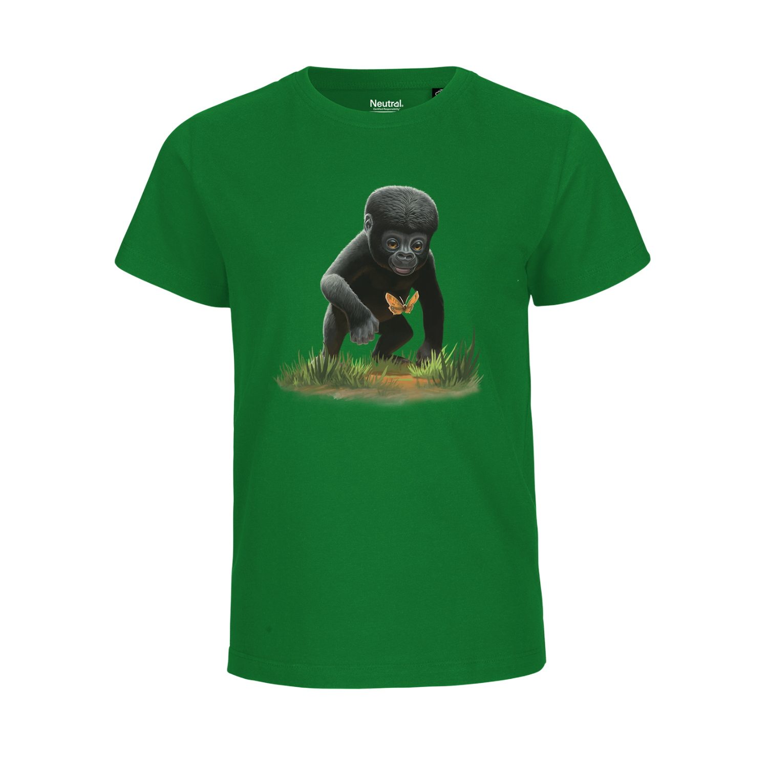 Grünes T-Shirt mit Gorilla-Abbildung auf der Brust (Vorderansicht)