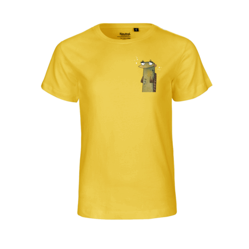 Gelbes T-Shirt mit Aal-Abbildung auf der linken Brust (Vorderansicht)
