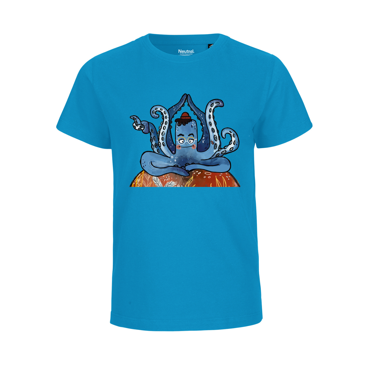 Blaues T-Shirt mit Oktopus-Abbildung auf der Brust (Vorderansicht)