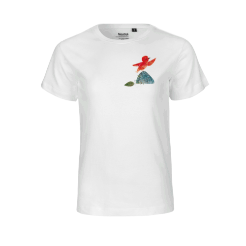 Weißes T-Shirt mit Vogel-Abbildung auf der linken Brust (Vorderansicht)