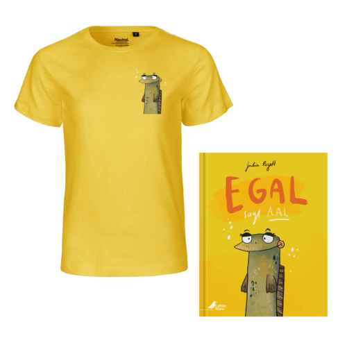 Gelbes T-Shirt mit Aal-Aufdruck und Coverabbildung des Buches "Egal, sagt Aal"
