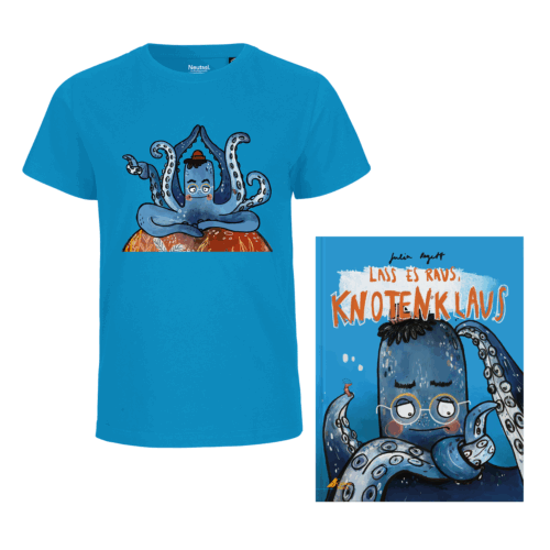 Blaues T-Shirt mit Oktopus-Aufdruck und Coverabbildung des Buches "Lass es raus, Knotenklaus"