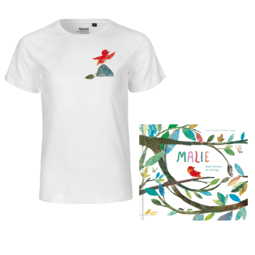 Weißes T-Shirt mit Vogel-Aufdruck und Coverabbildung des Buches "Malie"