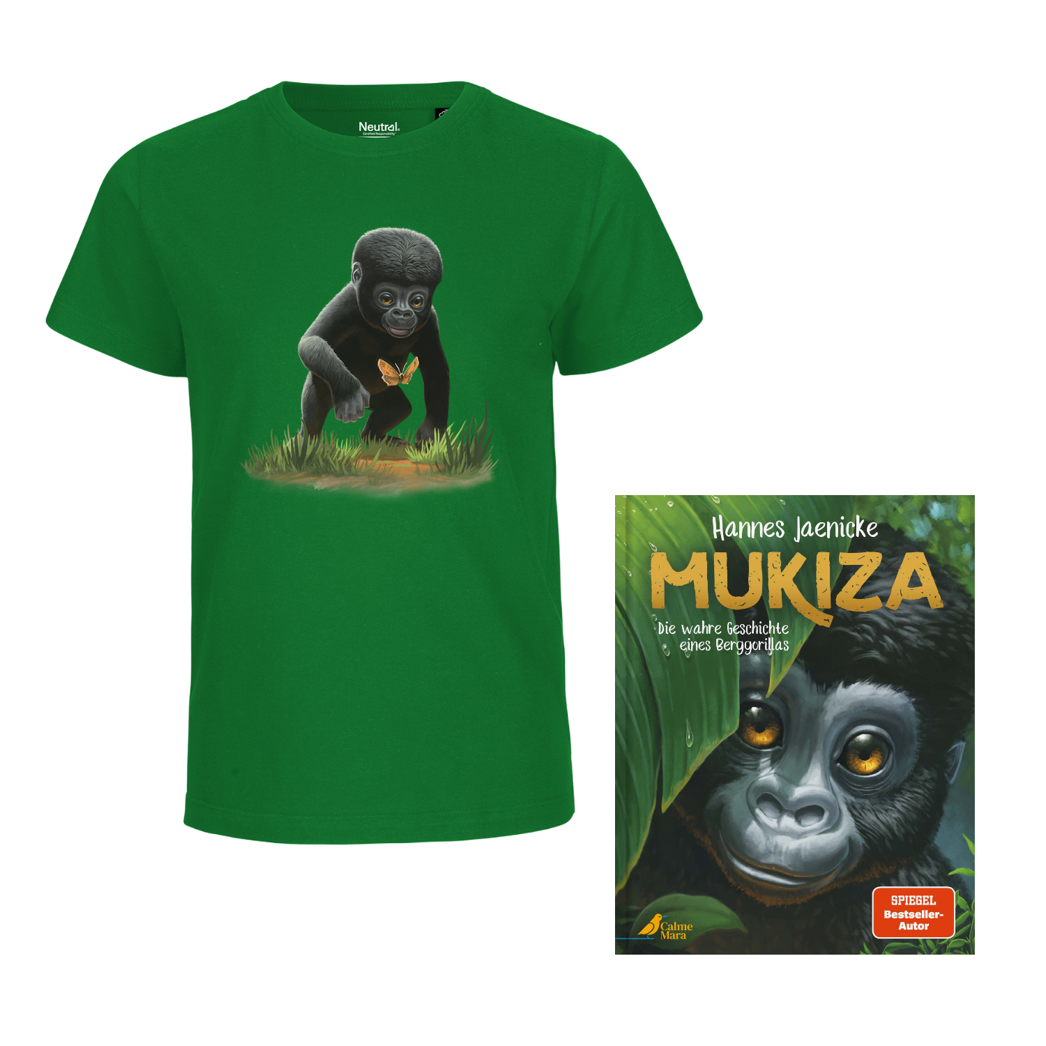 Grünes T-Shirt mit Gorilla-Aufdruck und Coverabbildung des Buches "Mukiza"